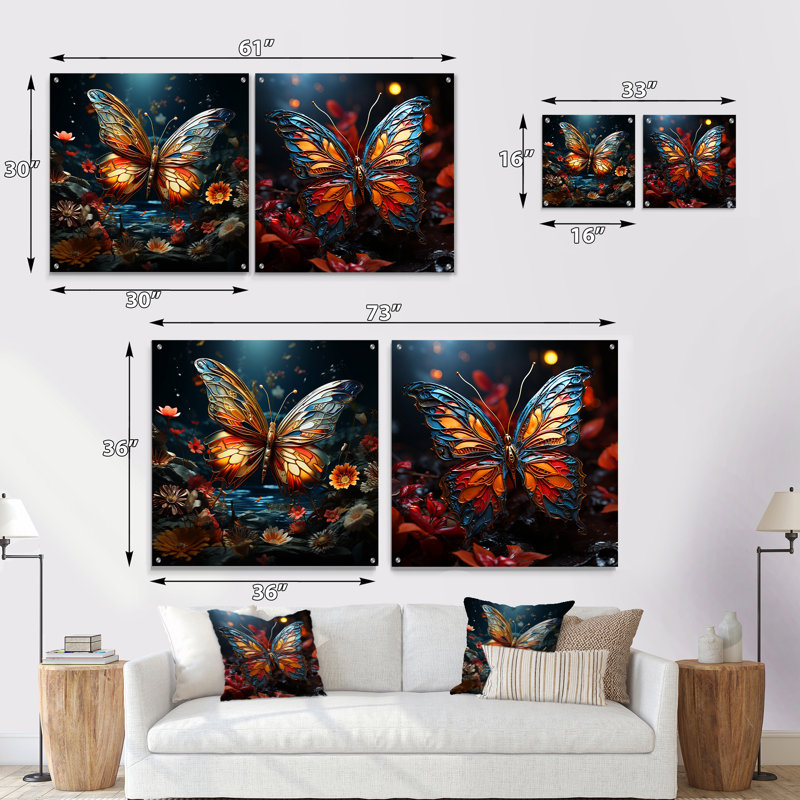 «Butterfly Fantasy Flight», ensemble de 2 verres muraux en acrylique, H 16 po x l 33 po