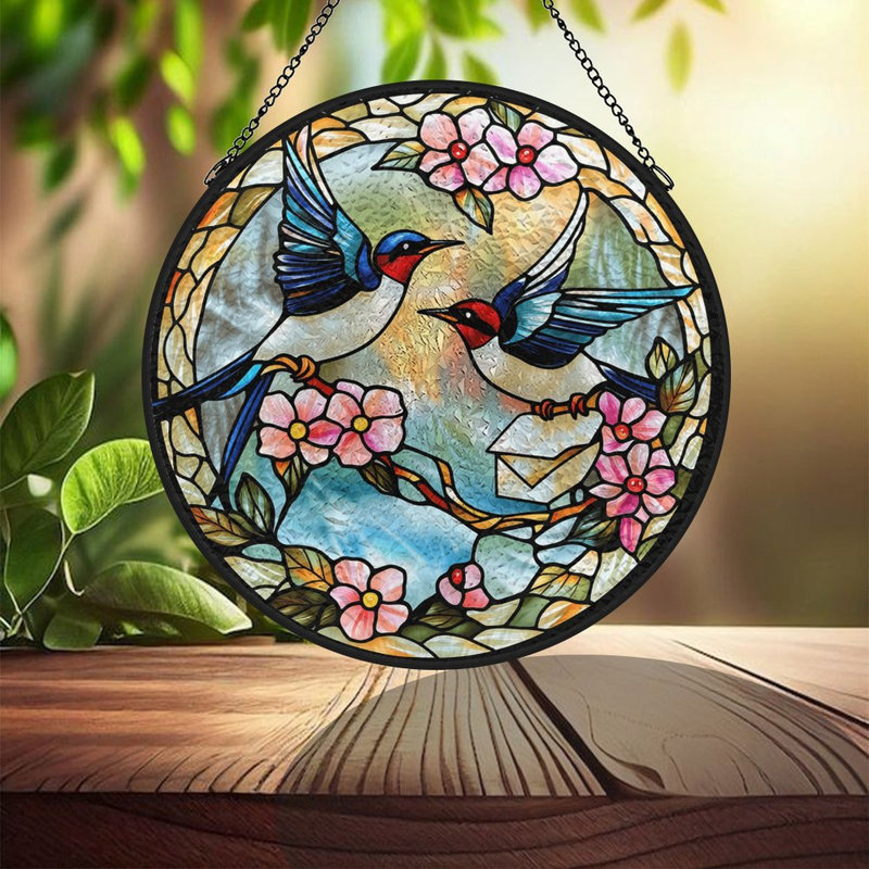 Panneaux de vitrail avec vitrail et oiseaux, 11,8 x 11,8 po (30 x 30 cm)