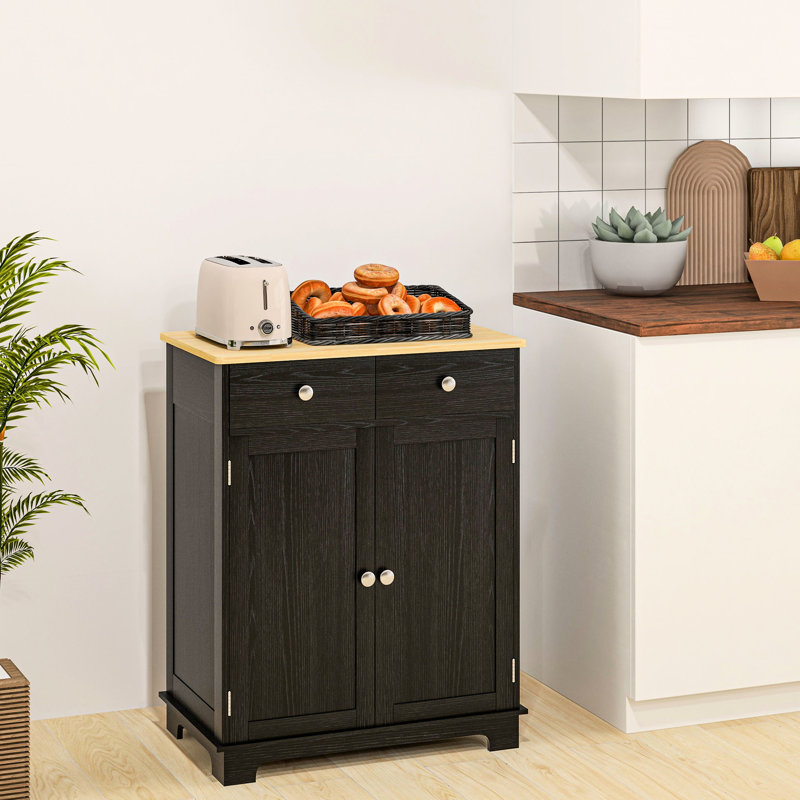 Buffet avec comptoir en bois massif et rangement - noir vieilli, 2 tiroirs, portes, tablette réglable pour la cuisine