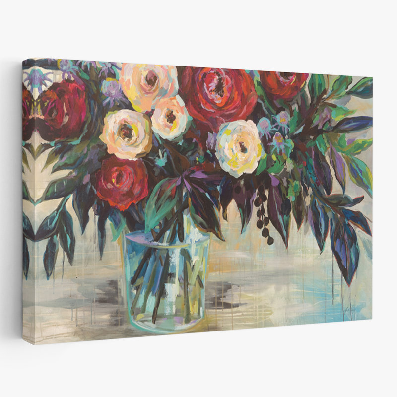 Art floral bleu et rosé, H 16 po x l 24 po