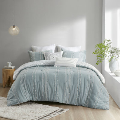 Ensemble d'édredon 3 pièces en jacquard de coton turquoise double / grand