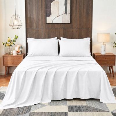 Ensemble de draps en coton 4 pièces pour lit double, draps respirants et rafraîchissants, literie douce inspirée des hôtels, draps blancs de luxe avec bonnet profond de 40 cm, infroissables et faciles d'entretien