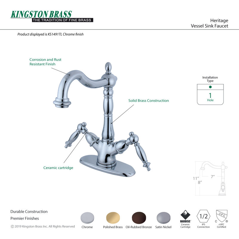 Kingston Brass Heritage Two-Handle 1-or-3 Hole Deck Mount Vessel Faucet, Oil Rubbed Bronze