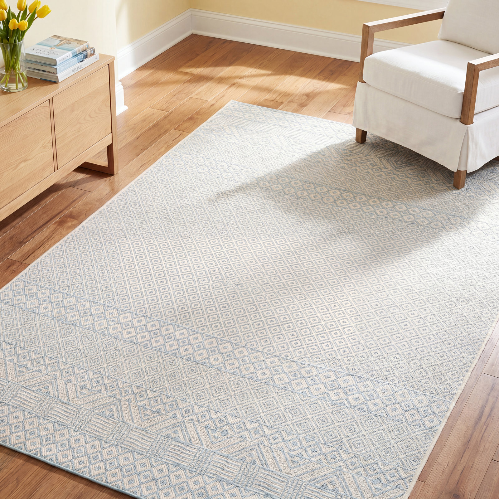 Lenwood Beige Aqua Geometric Outdoor Rug, Rectangle 5'3" x 7'7"