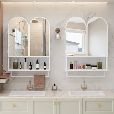 Armoire à miroir moderne à double arche avec tablettes réglables et porte-serviettes, pour le rangement dans la salle de bain, le salon et la chambre à coucher