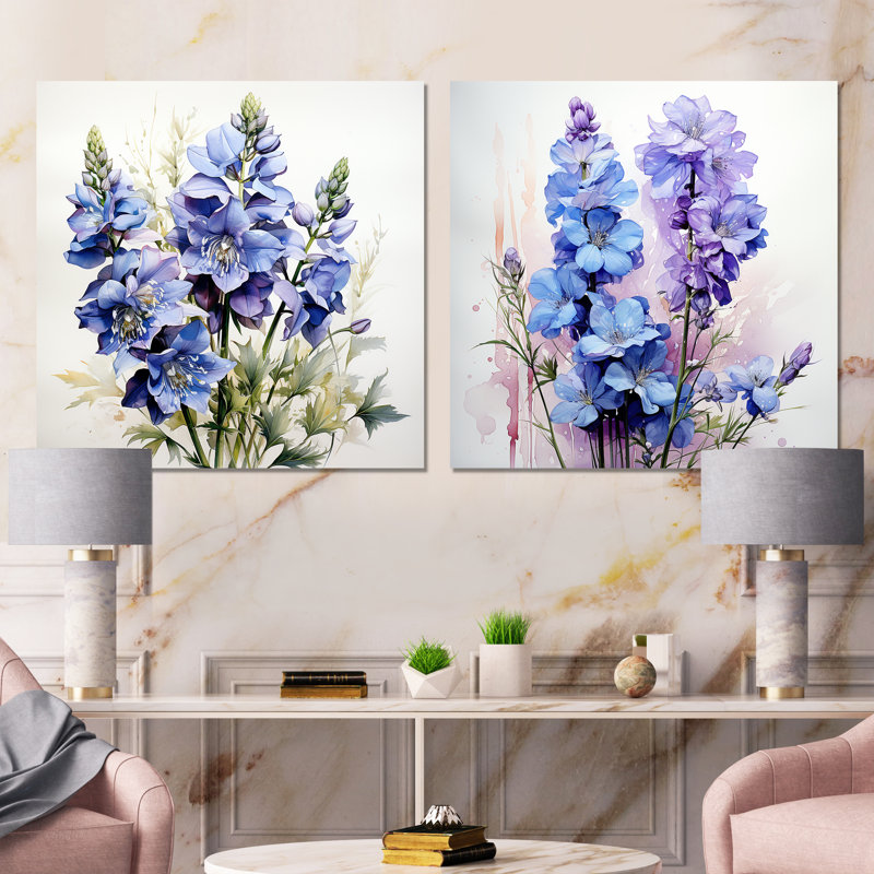 Bouquet de fleurs bleues et mauves Delphinium I - ensemble de 2 impressions murales Delphinium, Toile tendue