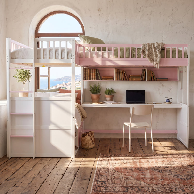 Lit superposé en L pour 3 personnes avec bureau intégré, ports USB, lampe DEL, étagères, garde-robe et tiroirs, rose