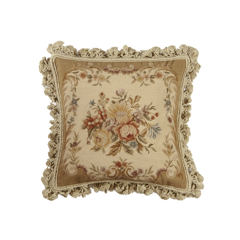 Needlepoint Square Pillow Cover & Insert, Square 16", Cream Floral