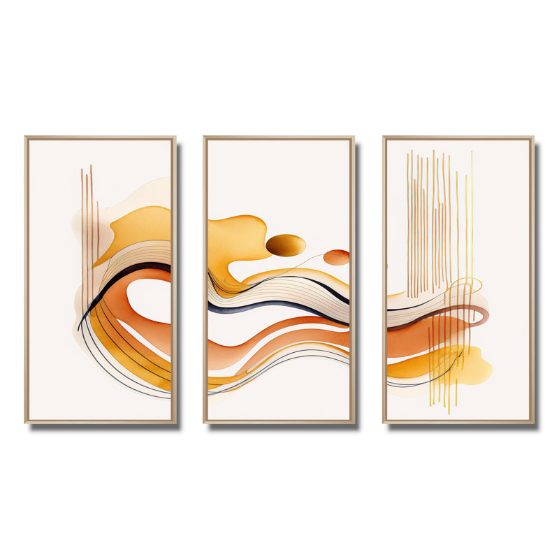 Dhatri " Burnt Orange Waves Abstract III " 3 - Pieces, Brown Framed, 32" H x 48" W x 1" D