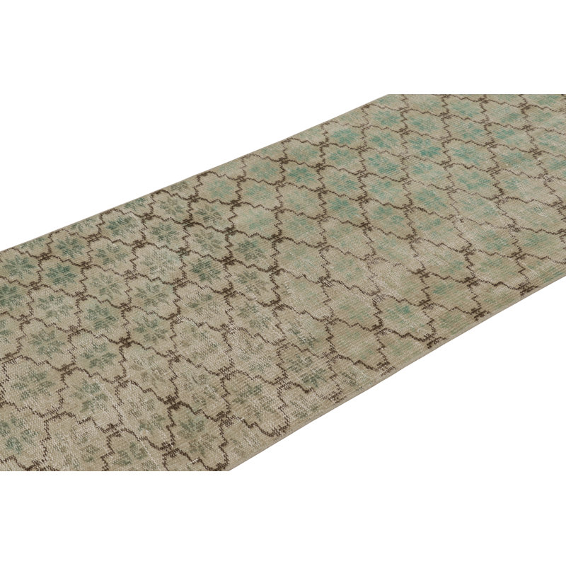 Vintage Turkish Runner Rug, Green And Beige With Geometric Patterns – Rug & Kilim