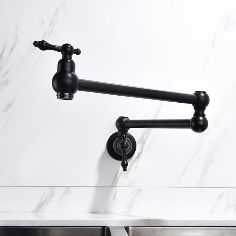 Pot Filler Faucet Wall Mount Matte Black, Brass Construction, Arm For Efficient And Filling, Double Handles To Control Water Flow Consistency, Corrosion Finish Black Mounted, Brass, Quick Smooth