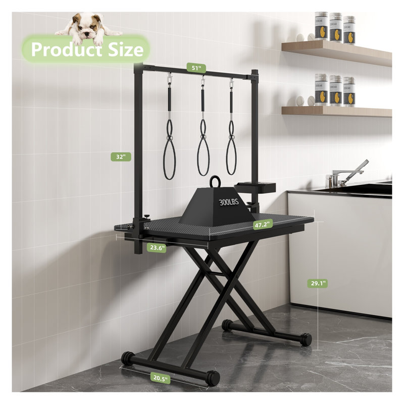 Table de toilettage pour chien à hauteur réglable de 47 po avec système hydraulique X-Lift, station pour animaux pliable avec bras et cordes