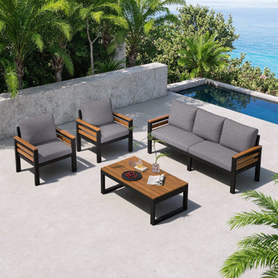 Ensemble de conversation de patio 4 pièces pour 5 personnes - Accoudoirs et table basse en bois d'acacia, canapé 3 places + 2 chaises, coussins amovibles - Mobilier de jardin rustique pour terrasse, jardin ou bord de piscine