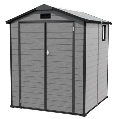 Remise extérieure verrouillable en plastique de 6 pi x 6 pi en gris foncé - idéale pour ranger les outils de jardin, les vélos et l'équipement de pelouse, la résistance aux intempéries en résine multi-parois, la solution de rangement pour ventilation des fenêtres