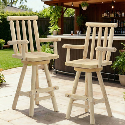  Solid Wood Swivel Adirondack Bar Chairs Set Of 2, Outdoor Bar Height Barstools Chairs Set With High Back And Footrest, 29.8" High Top Chair For Deck Pub Garden, 500 Lbs Capacity, Natural