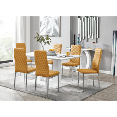 Edzard Double Pedestal High Gloss Dining Table Set with 6 Luxury Faux Leather Dining Chairs