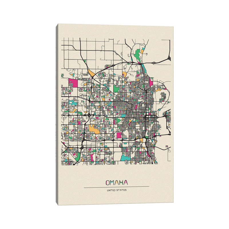 Omaha, Nebraska Map par Ayse Deniz Akerman - Toile tendue avec châssis sur toile tendue, H 26 po x l 18 po x 1,5 po