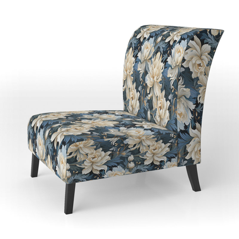 Fauteuil de style campagnard, recouvert de velours, motif floral rustique, motif chrysanthème blanc et bleu