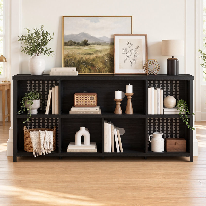 63" W Horizontal Organizer Bookshelf Standard Bookcase Industrial Long Wood Metal Book Shelf for Living Room and Home Office