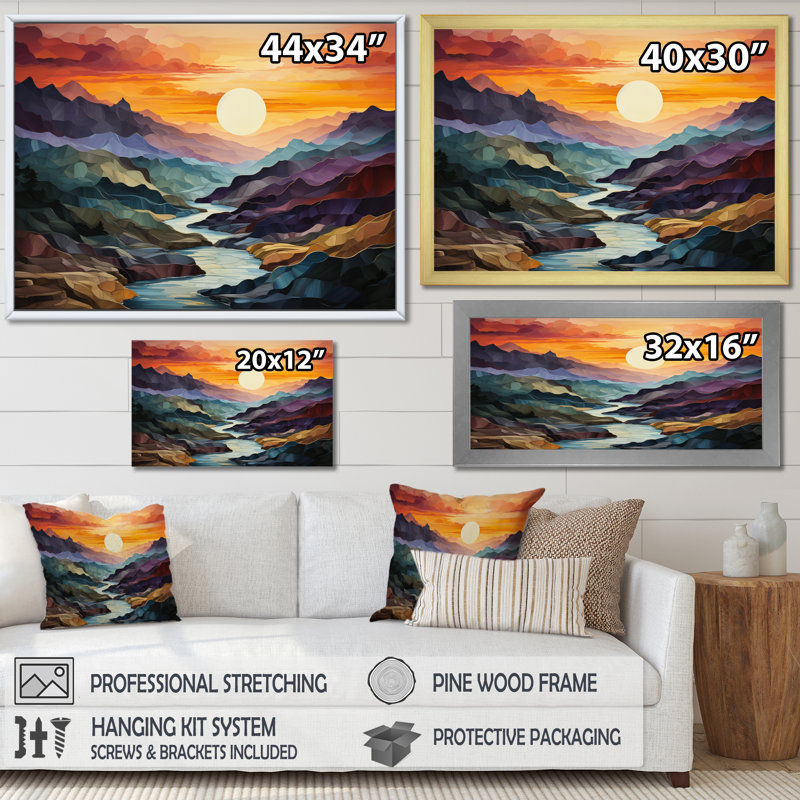 «Orange Teal Mountains Bold Landscape», reproduction d'art sur toile, Cadre doré simple, H 34 po x l 44 po x P 1,5 po