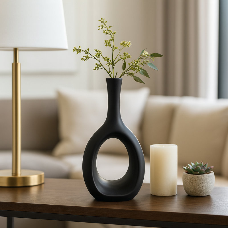 Modern Ceramic Abstract Table Vase for Home Decor - Sculptural Open Cut Out Flower Vase for Entryway, Living Room, or Bedroom - Black