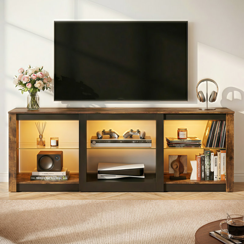 Meuble télé Kruszewski de 58,3 po de largeur pour téléviseur de 65 po ou moins avec éclairage DEL et rangement ouvert, centre de divertissement avec tablettes réglables en verre, console média en bois pour le salon, la chambre à coucher et la salle de jeux