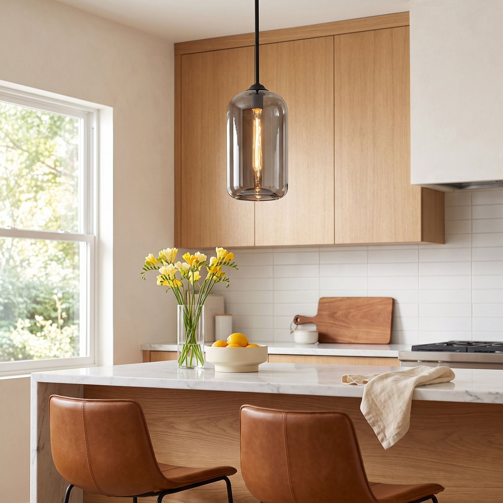 District Dimmable Single Light Pendant, 15.75" H x 8" W x 8" D, Smoke