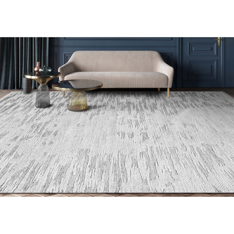 Tapis blanc et gris noué à la main de haute qualité, Rectangle 8 pi x 10 pi
