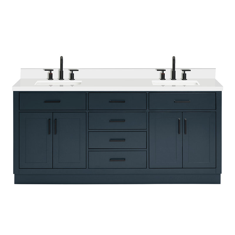 Meuble-lavabo double en bois massif 72 po Tidworth avec plateau en quartz blanc 1,5 po, Bleu minuit, Forme rectangulaire