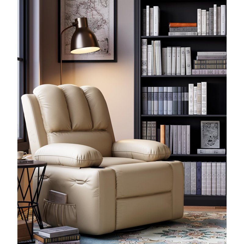 Fauteuil inclinable en cuir avec 2 porte-gobelets et une poche latérale, Beige