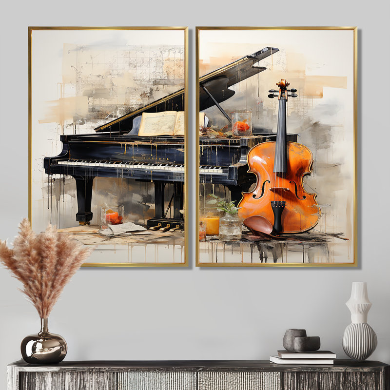 Mélodie musicale mélodique - art mural traditionnel orange, 36" H x 48" W, Framed Print without Mat, Gold