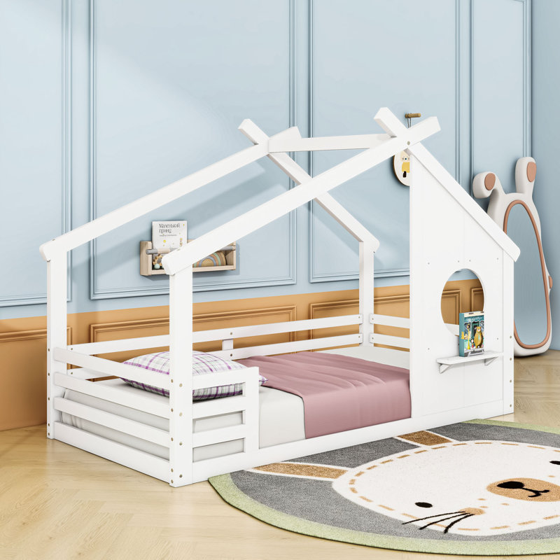 Lit maison avec fenêtre et tablette, rails, Simple, Blanc