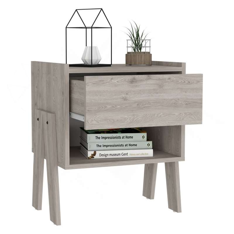 Joy Nightstand , End Table, Side Table Four Legs, One Open Shelf, One Drawer  -Light Grey