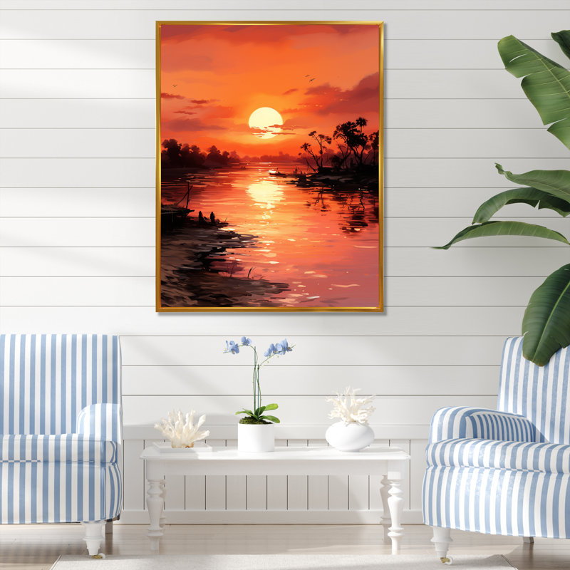 «Island Sunrise Serenity I» - art mural bord de mer tropical, Cadre flottant doré, H 44 po x l 34 po x P 1,5 po