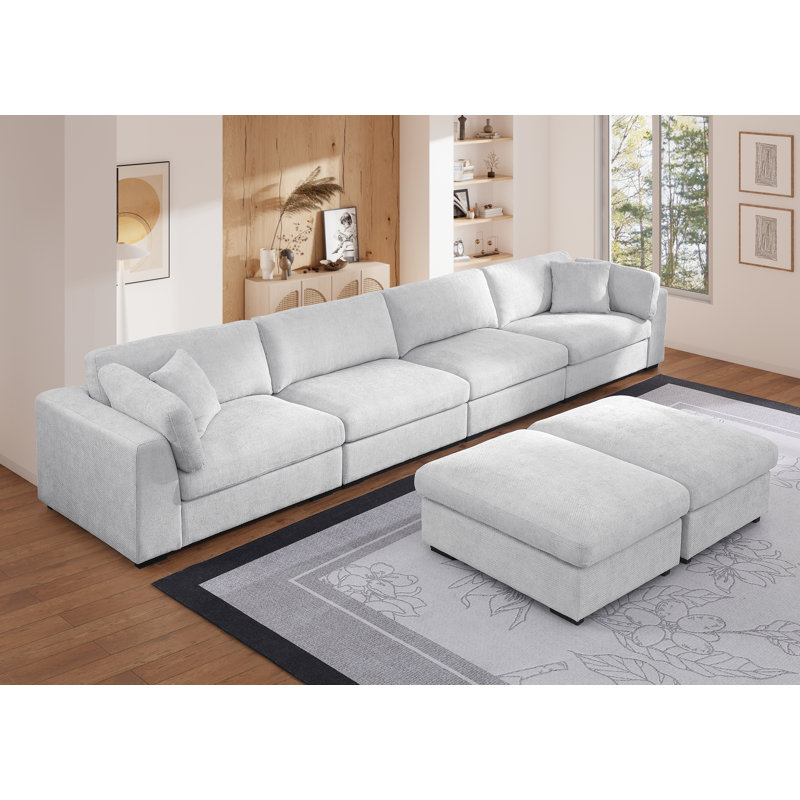 Upholstered Wide Seat Modular Sectional Sofa With 2 Oversized Ottomans, Gray Polyester