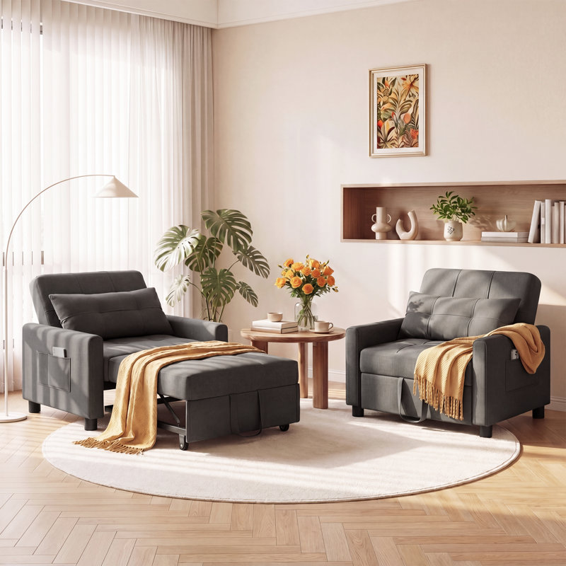 Zhenya 3-In-1 Convertible Accent Chair , Pull-Out Upholstered Sleeper Sofa Bed With Accent Pillow, Dark Gray