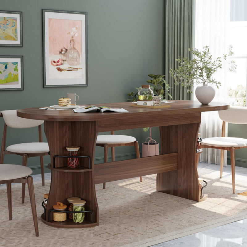 70.8 Inch Oval Dining Room Table for 4-6, Dinner Table with 2-Tier Storage, Modern Kitchen Tables with Curved Base, Sturdy Breakfast Tables for Living Room, Gathering, Walnut