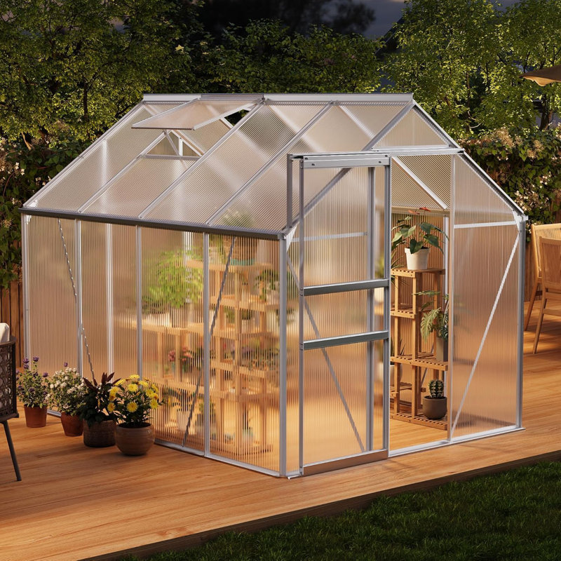 6x8 FT Polycarbonate Walk-In Greenhouse – with Heavy-Duty Aluminum Frame, Sliding Door, Adjustable Roof Vent & Rain Gutter – Perfect for Outdoor Backyard, Garden, Patio, Apartment Balcony