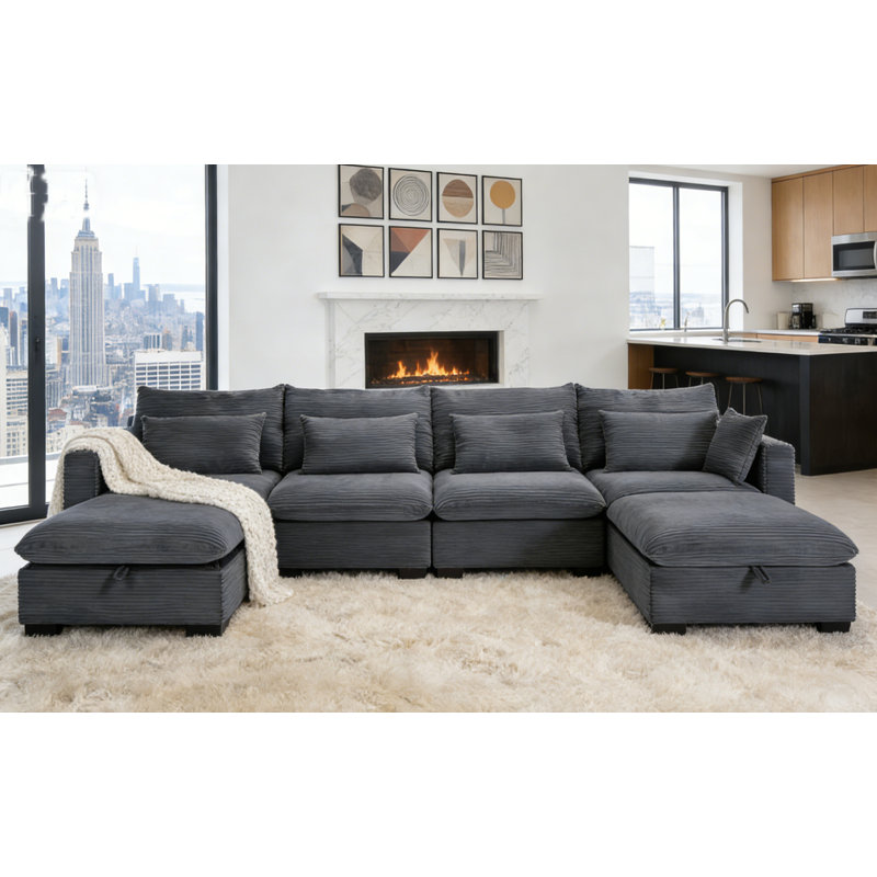 Oversized Corduroy Modular Sectional Sofa With Storage Ottomans, Gray Polyester Blend