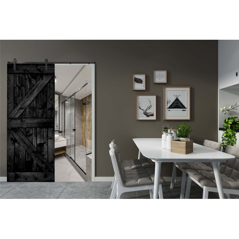 Porte de grange en bois massif DIY 3 en 1 pour chambres, espaces de rangement, placards, Noir, 18 po x 84 po