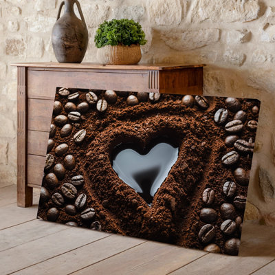 Canvas A Close Up Top Down View Of Freshly Ground Coffee Wall Art Surrounded By Whole Coffee Beans Creating An Inviting And Warm Canvas Wall Art