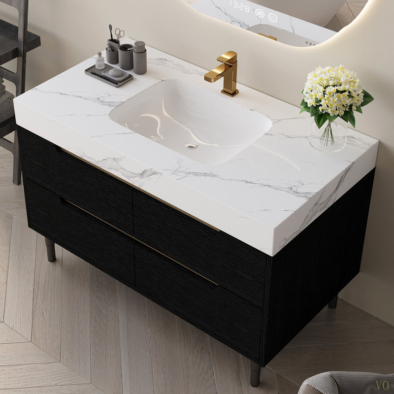 Meuble-lavabo autoportant en pierre frittée de 35,4 po avec lavabo encastré, bois massif multicouche imperméable, rangement à 4 tiroirs, fixation murale