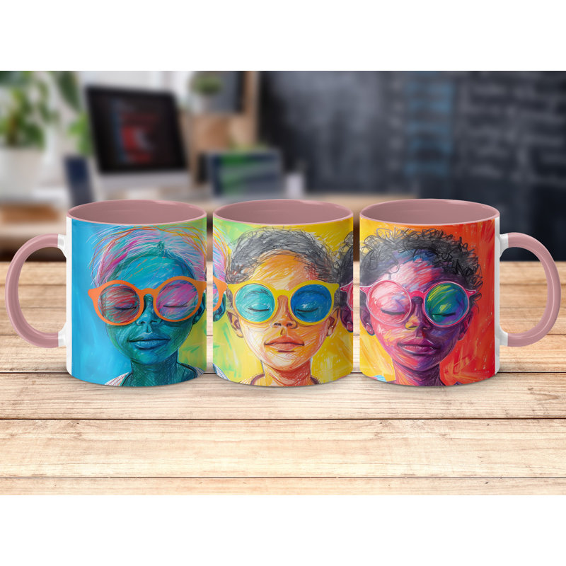 Kids Drawing Style 11oz Accent Mugs – Ceramic Coffee Cup with a Pink Handle and Interior