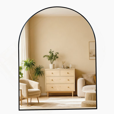 30X36 Inch Black Metal Framed Arched Bathrrom Mirror For Wall.