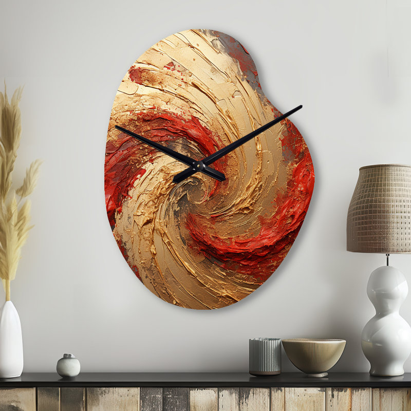 Red Gold Fusion Spiral - Horloge murale en forme de spirale abstraite unique, Grand