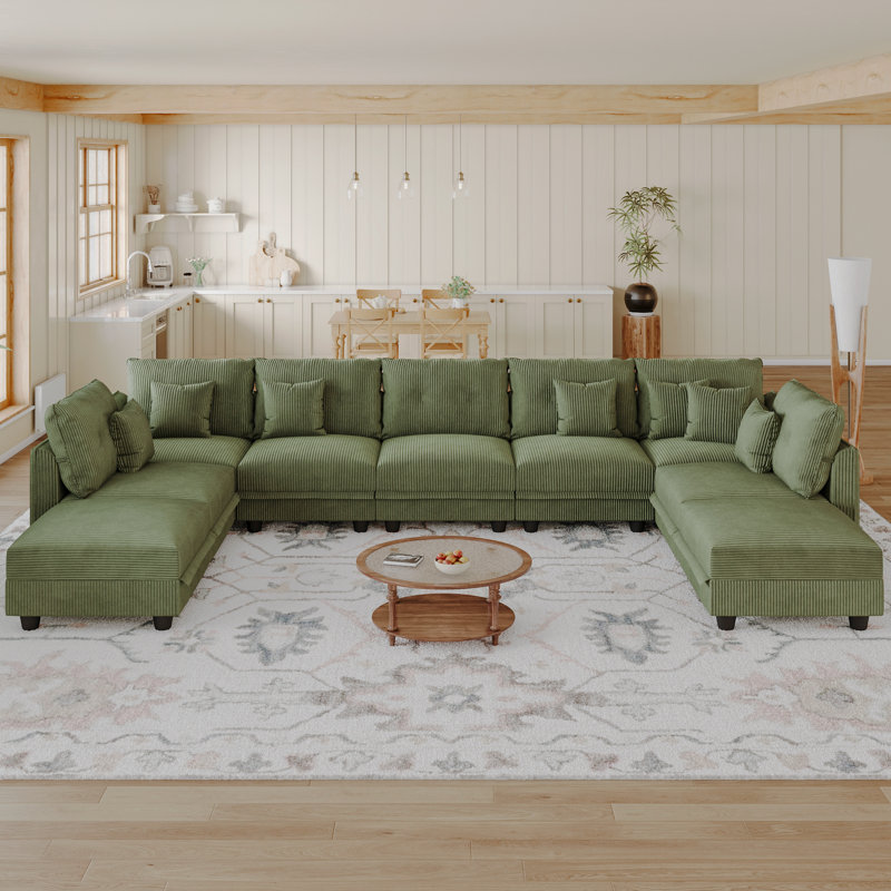 9 Seat Corduroy Convertible Modular Sectional Sofa With Storage, 7 Back Cushion 7 Throw Pillow, Green Corduroy