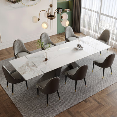 Tanjala 9 - Piece 110.23'' Extendable Sintered Stone Dining Table with 8 Leather Chairs Dining Set