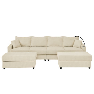 U-shaped Beige Corduroy With Storage, 2 Ottomans, 4 Seats, Deep Seat, Cup & Phone Holders For Decoration Living Room Chair