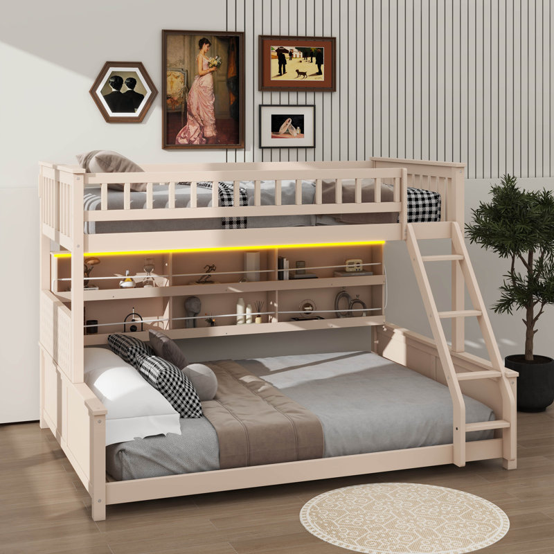 Bunk Bed With Integrated Shelving, Customizable Lights And Ventilated Panel, Beige, Twin Over Queen