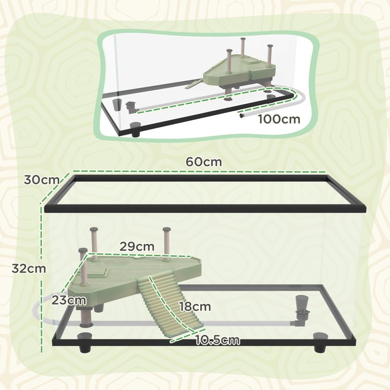 Turtle Tank Glass Turtle Aquarium with Easy Drainage, 32cm H x 60cm W x 30cm D
